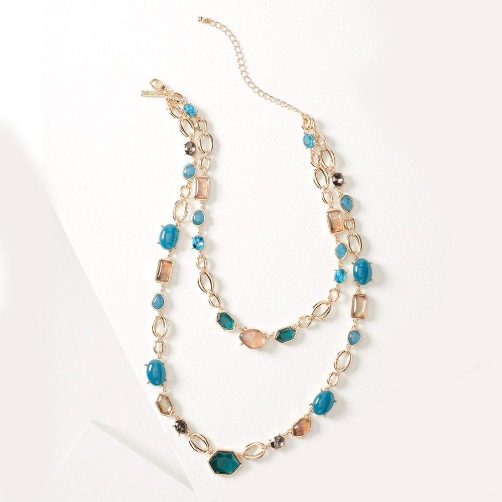 WHBM CONVERTIBLE Goldtone Blue GENUINE Gem Mix Double Row Statement Necklace